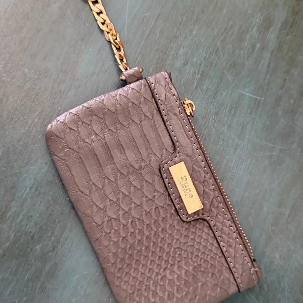 DUNE London coin purse with gold tone clasp chain grey taupe